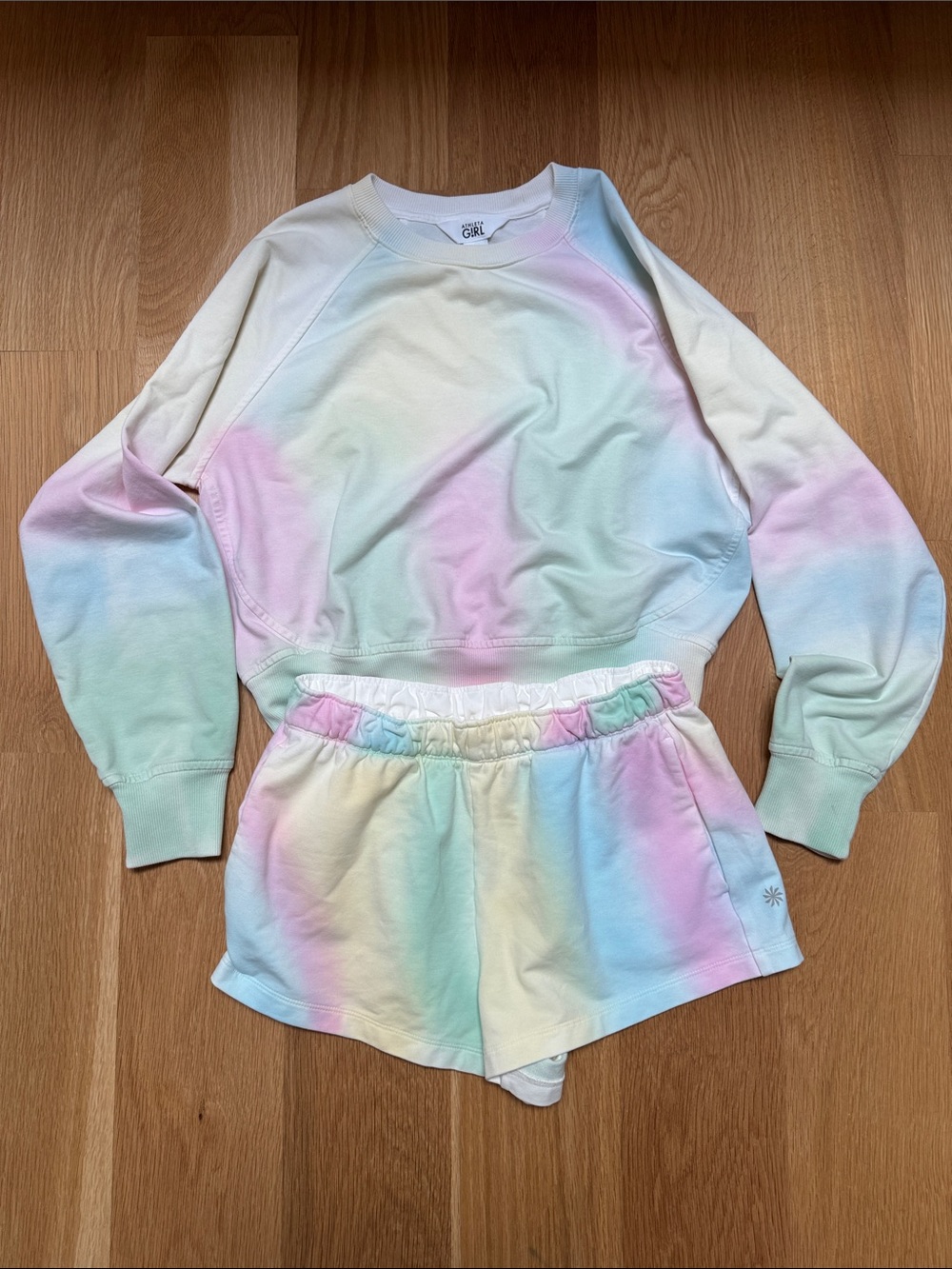 Athleta Pastel Tie-Dye Sweatshirt & Shorts Set - Pink, Blue, Yellow, Mint